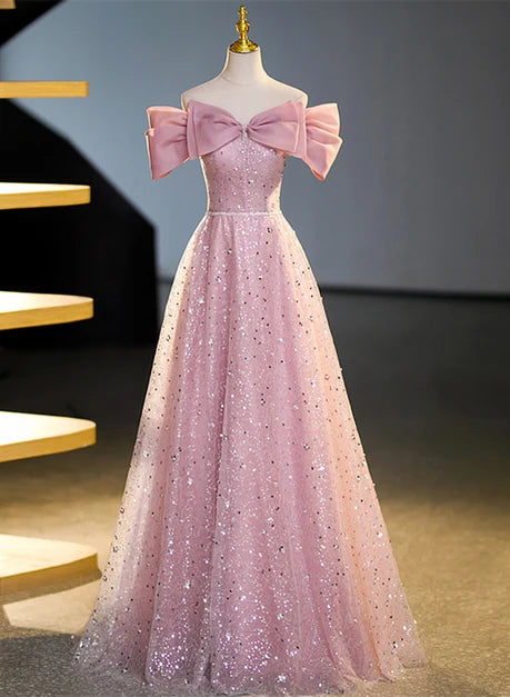 Pink Sequin Tulle A-Line Off-the-Shoulder Lace-up Floor-Length Dress Front View - Aabei Dress