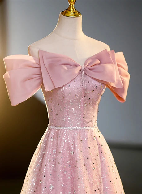 Pink Sequin Tulle A-Line Off-the-Shoulder Lace-up Floor-Length Dress - Aabei Dress