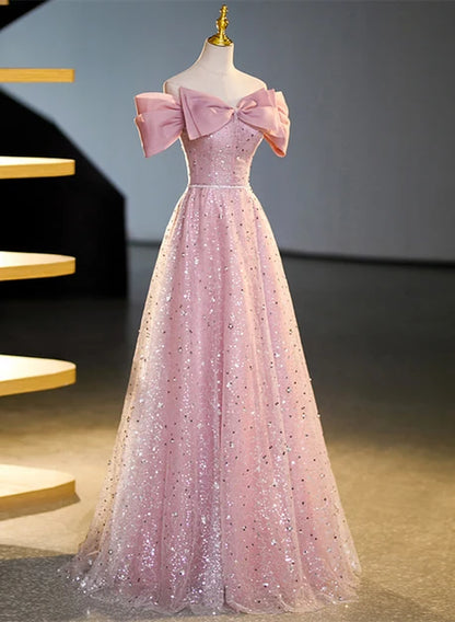 Pink Sequin Tulle A-Line Off-the-Shoulder Lace-up Floor-Length Dress - Aabei Dress