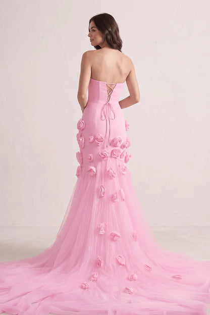 Pink Tulle & Crepe Mermaid Sweetheart Lace-up-back Floor-Length Dress Back View - Aabei Dress