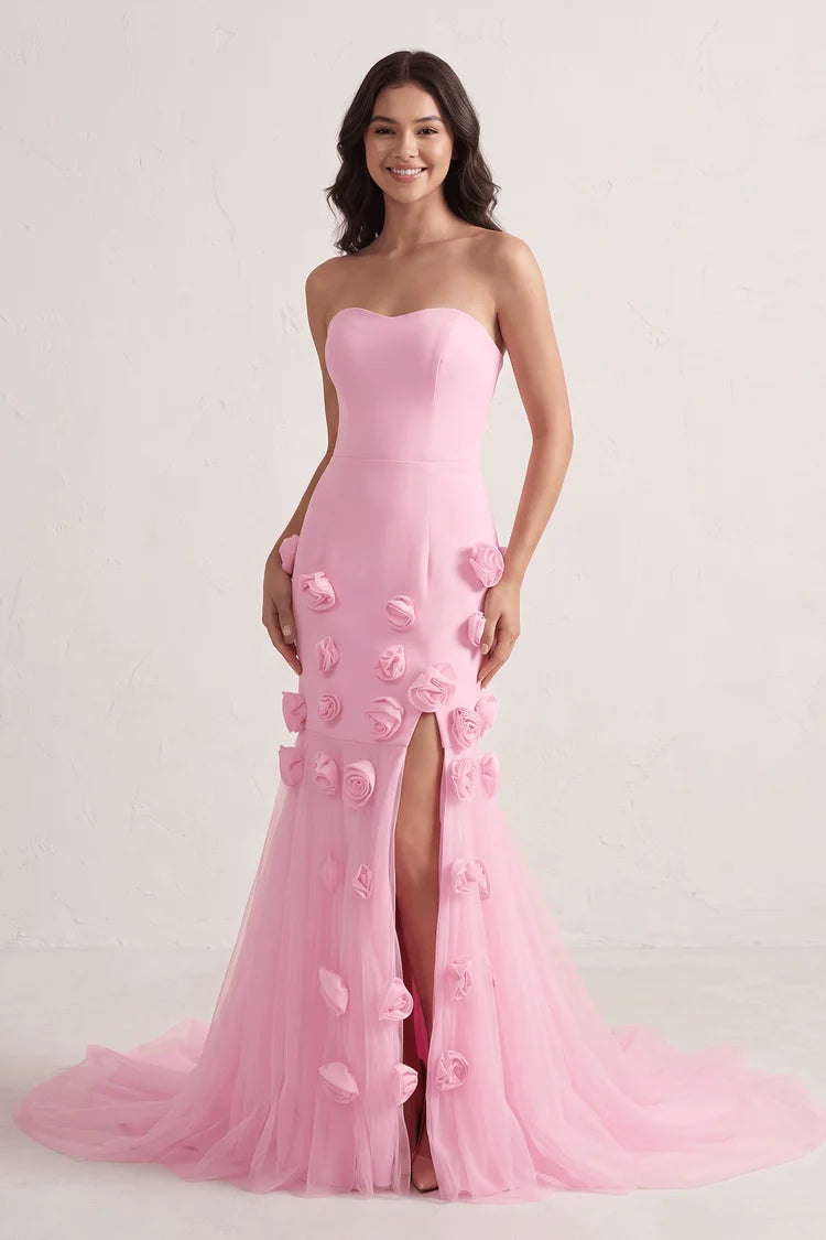 Pink Tulle & Crepe Mermaid Sweetheart Lace-up-back Floor-Length Dress Front View - Aabei Dress
