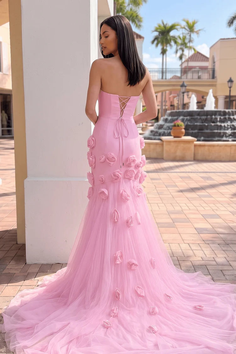 Pink Tulle & Crepe Mermaid Sweetheart Lace-up-back Floor-Length Dress - Aabei Dress