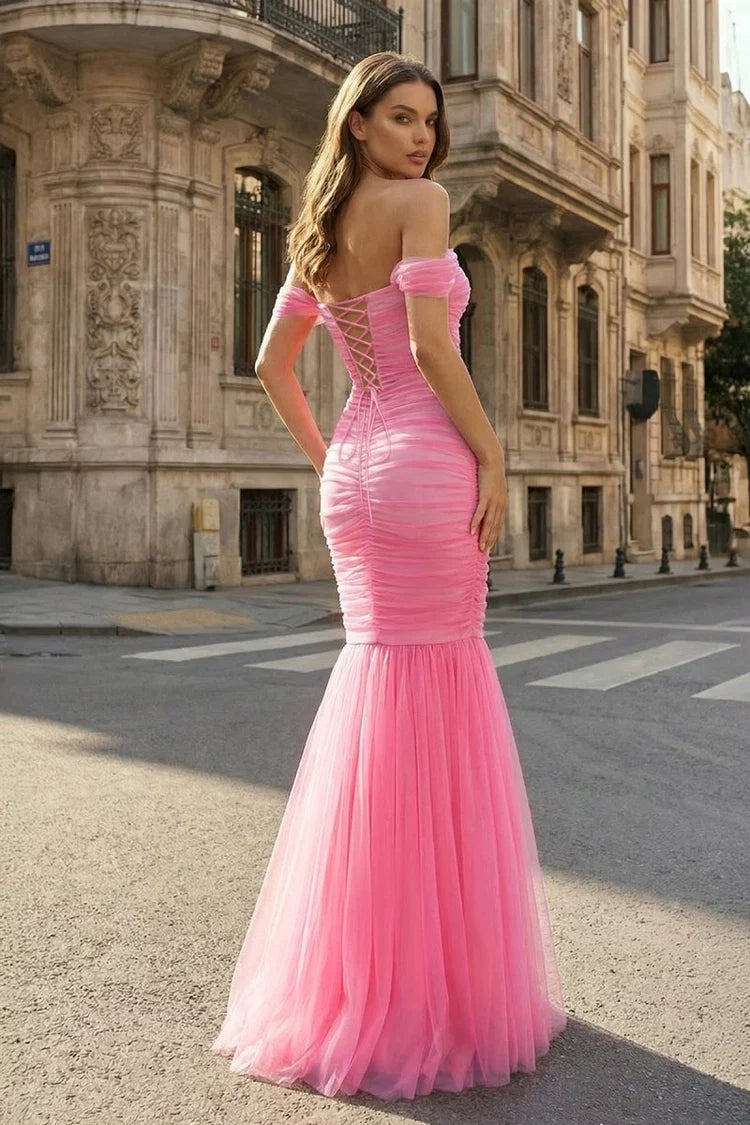 Pink Tulle Mermaid Sweetheart Lace-up Back Floor Length Dress Back View - Aabei Dress