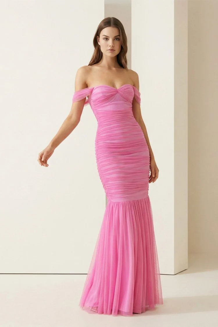 Pink Tulle Mermaid Sweetheart Lace-up Back Floor Length Dress Front View - Aabei Dress