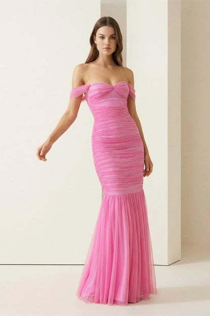 Pink Tulle Mermaid Sweetheart Lace-up Back Floor Length Dress Front View - Aabei Dress