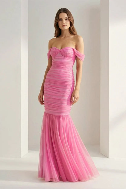 Pink Tulle Mermaid Sweetheart Lace-up Back Floor Length Dress - Aabei Dress