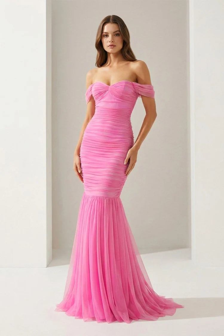 Pink Tulle Mermaid Sweetheart Lace-up Back Floor Length Dress - Aabei Dress