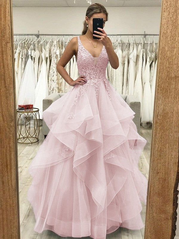 Ball Gown A-Line Prom Dresses Princess Dress Formal Wedding Guest Floor Length Sleeveless V Neck Tulle Backless with Pleats Ruched Appliques