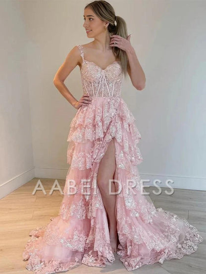 AABEI DRESS A LineTulle Off the Shoulder Sweetheart Tiered Ruffles Prom Dresses With Split Sleeveless Corset Ball Gowns Long Evening Dress