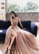 Dusty Rose Spaghetti Strap Beaded Tulle Prom Dress High Slit Low Back