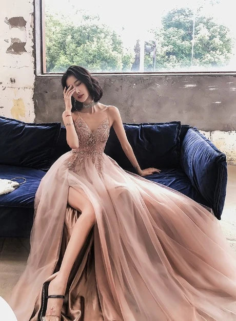 Dusty Rose Spaghetti Strap Beaded Tulle Prom Dress High Slit Low Back