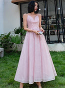 Blush Spaghetti Strap Glitter Tulle Tea Length Prom Dress Corset Back