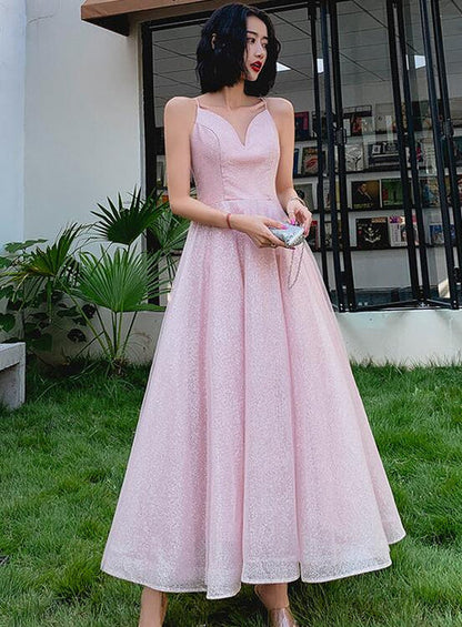 Blush Spaghetti Strap Glitter Tulle Tea Length Prom Dress Corset Back
