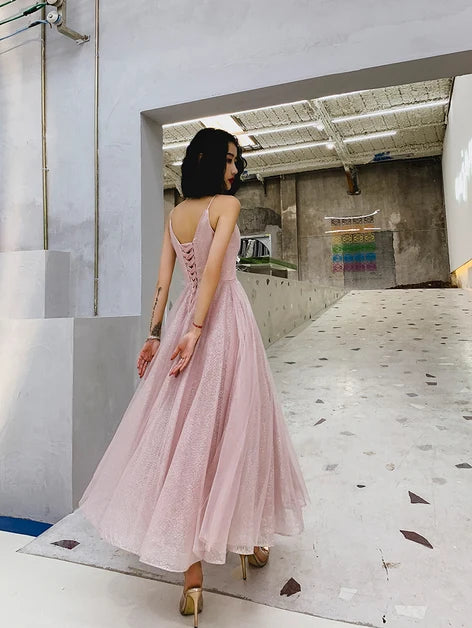 Blush Spaghetti Strap Glitter Tulle Tea Length Prom Dress Corset Back
