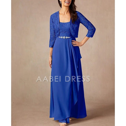 AABEI DRESS Wedding Guest Dress Two Piece A-Line Sweet Crew Neck 3/4 Length Sleeve Floor Length Lace Beading Ruffles Elegant Mother of the Bride Dress