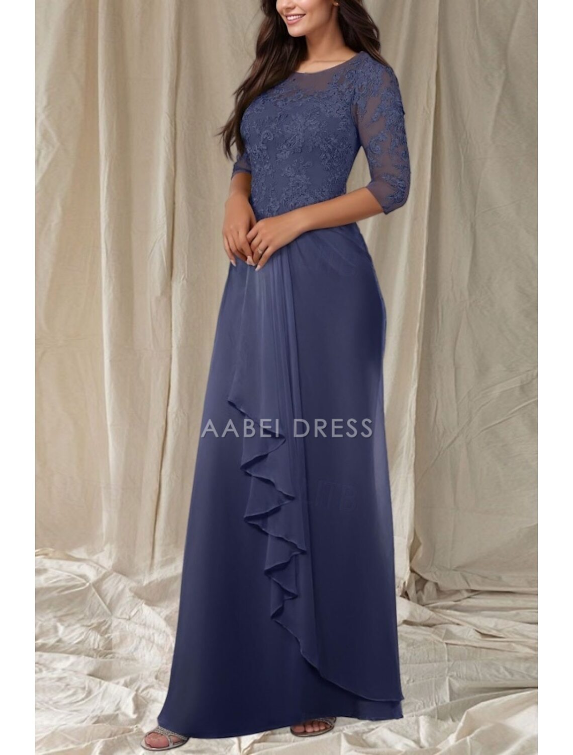 AABEI DRESS Wedding Guest Dress Elegant A-Line Crew Neck 3/4 Length Sleeve Floor Length Lace Appliques Ruffles Fashion Mother of the Bride Dress