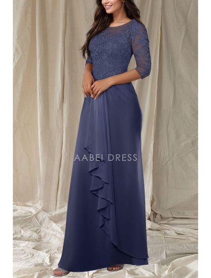 AABEI DRESS Wedding Guest Dress Elegant A-Line Crew Neck 3/4 Length Sleeve Floor Length Lace Appliques Ruffles Fashion Mother of the Bride Dress