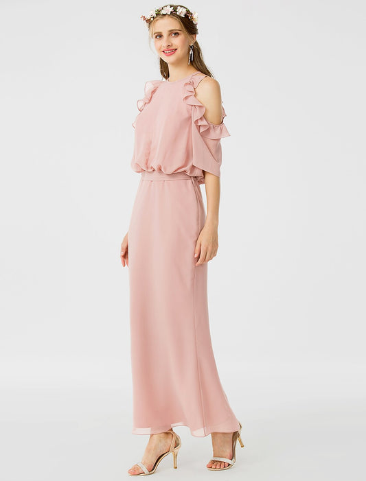 Sheath / Column Bridesmaid Dress Jewel Neck Short Sleeve Elegant Ankle Length Chiffon with Sash / Ribbon / Ruffles