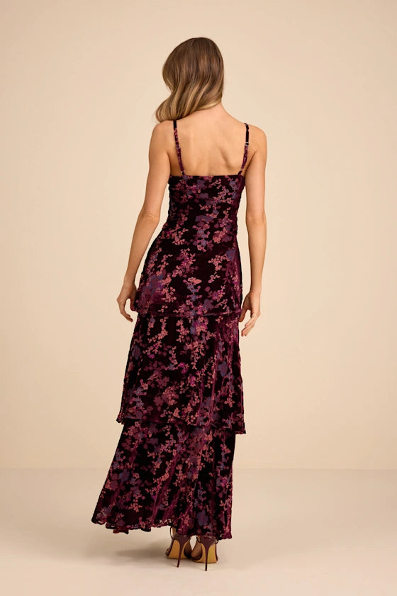 Plum Floral Burnout Velvet Tiered V-neck Low Back Floor-Length Dress Back View - Aabei Dress