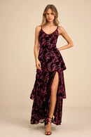 Plum Floral Burnout Velvet Tiered V-neck Low Back Floor-Length Dress Front View - Aabei Dress
