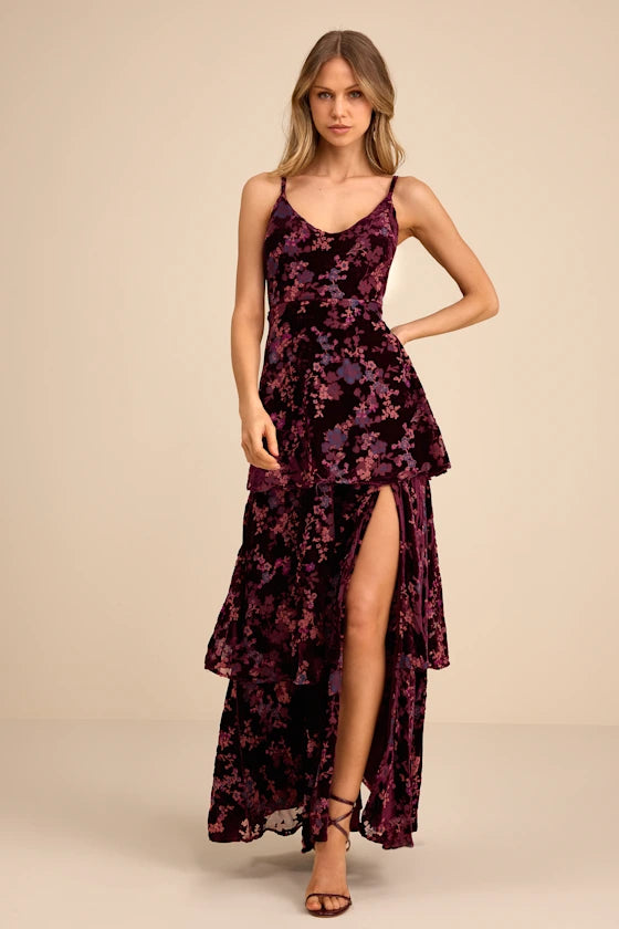 Plum Floral Burnout Velvet Tiered V-neck Low Back Floor-Length Dress Front View - Aabei Dress