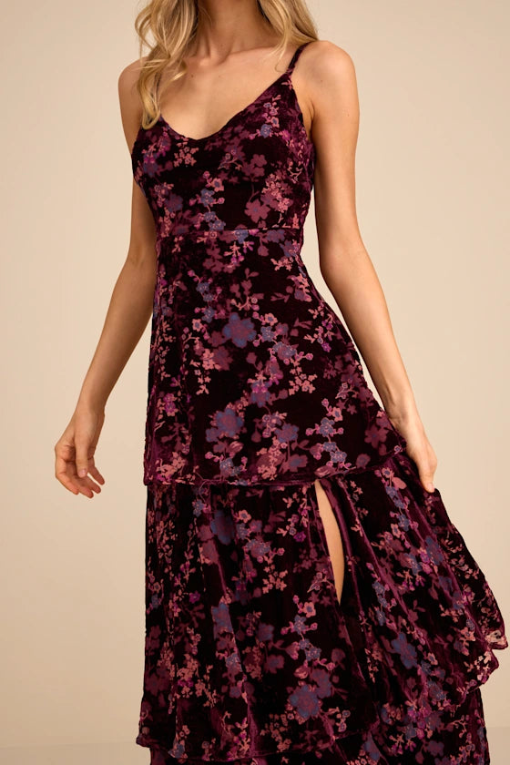 Plum Floral Burnout Velvet Tiered V-neck Low Back Floor-Length Dress - Aabei Dress
