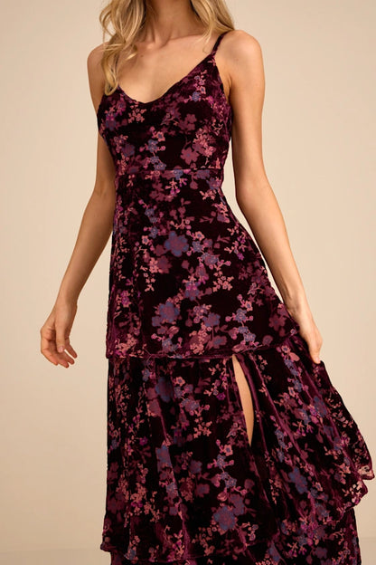 Plum Floral Burnout Velvet Tiered V-neck Low Back Floor-Length Dress - Aabei Dress