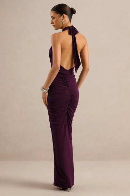 Plum Jersey Sheath Column Halter Open Back Floor-Length Dress Back View - Aabei Dress