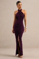 Plum Jersey Sheath Column Halter Open Back Floor-Length Dress Front View - Aabei Dress