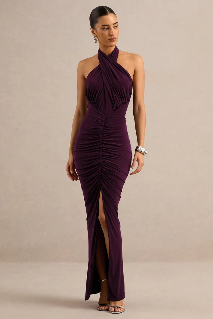 Plum Jersey Sheath Column Halter Open Back Floor-Length Dress Front View - Aabei Dress