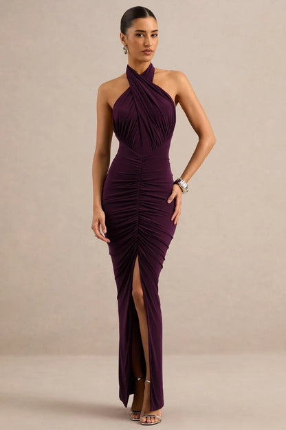 Plum Jersey Sheath Column Halter Open Back Floor-Length Dress - Aabei Dress