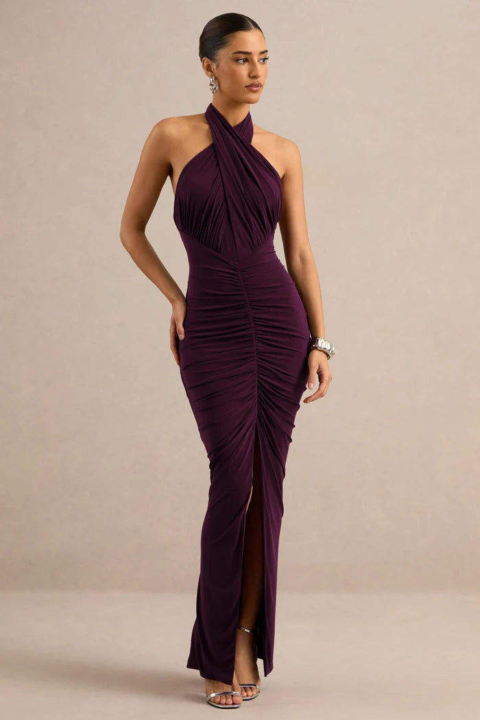 Plum Jersey Sheath Column Halter Open Back Floor-Length Dress - Aabei Dress