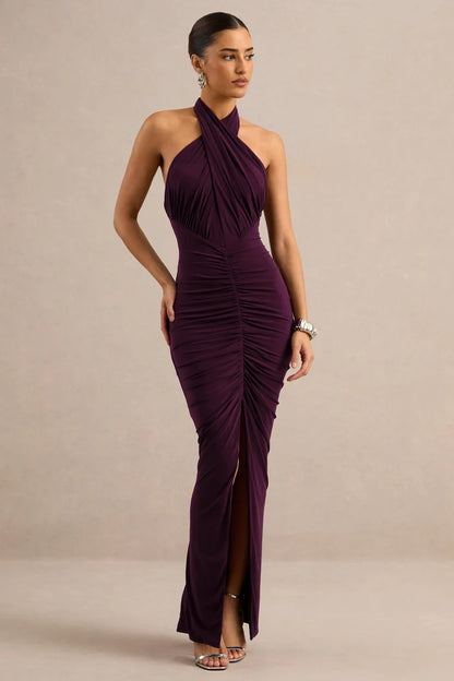 Plum Jersey Sheath Column Halter Open Back Floor-Length Dress - Aabei Dress