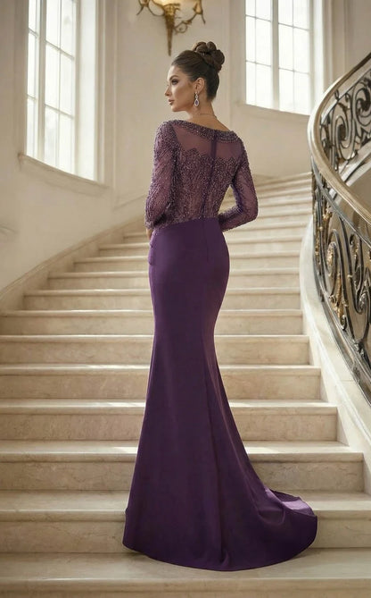 Plum Mesh Trumpet illusion-neck illusion-back floor-length Dress Back View - Aabei Dress