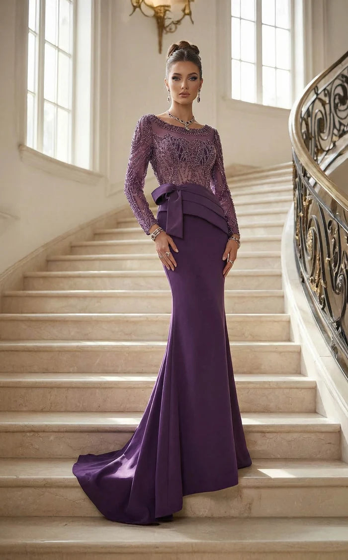Plum Mesh Trumpet illusion-neck illusion-back floor-length Dress Front View - Aabei Dress