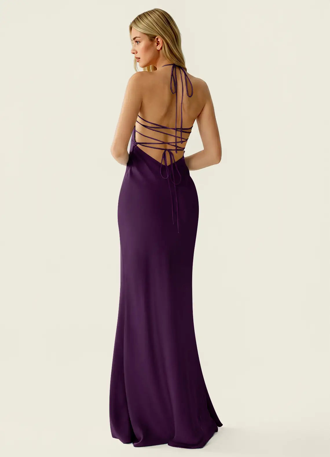 Plum Satin Sheath Column Sweetheart Criss Cross Back Floor-Length Dress Back View - Aabei Dress