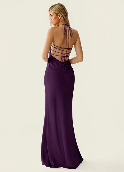 Plum Satin Sheath Column Sweetheart Criss Cross Back Floor-Length Dress Back View - Aabei Dress