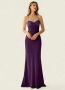 Plum Satin Sheath Column Sweetheart Criss Cross Back Floor-Length Dress Front View - Aabei Dress