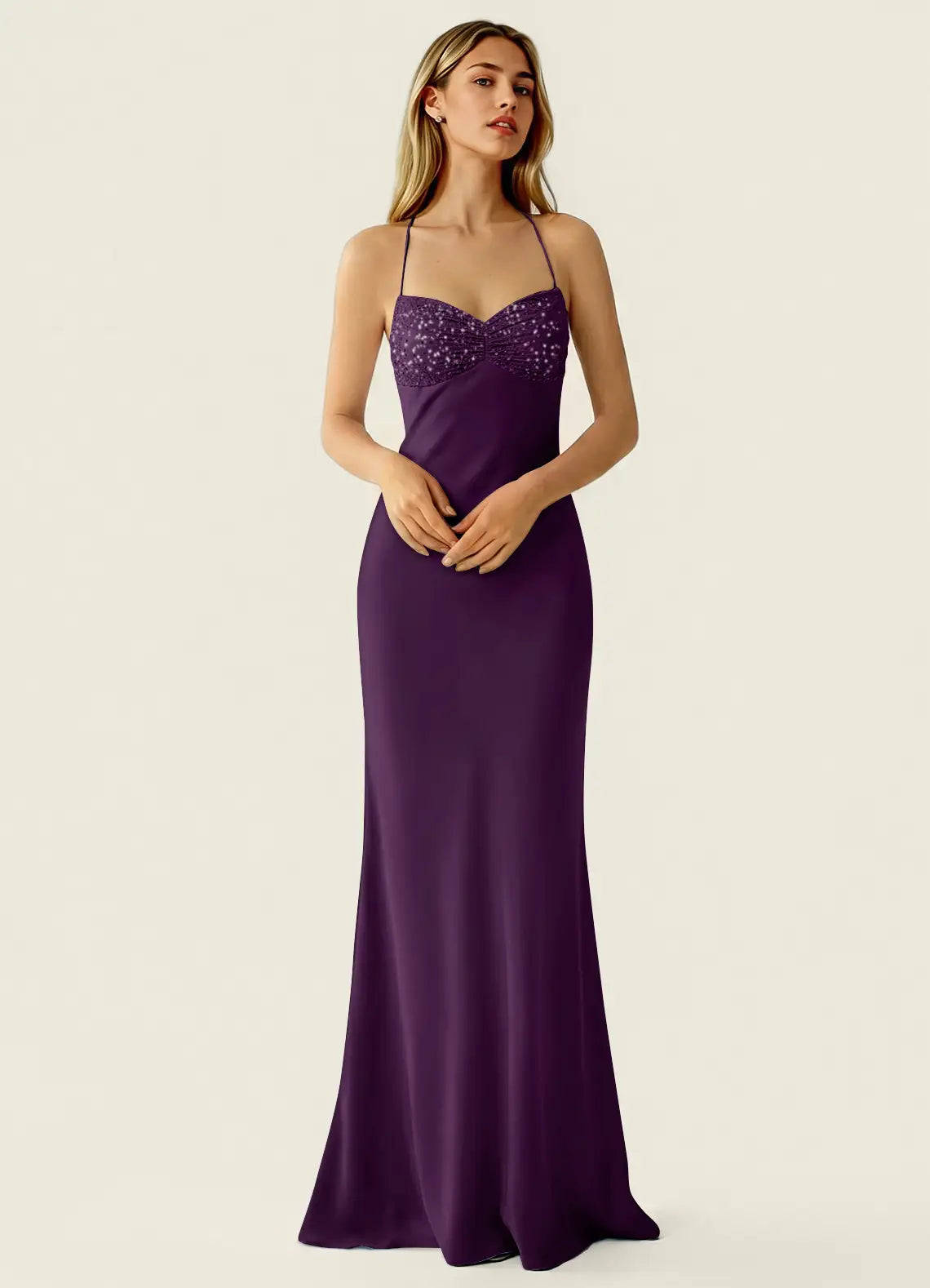 Plum Satin Sheath Column Sweetheart Criss Cross Back Floor-Length Dress Front View - Aabei Dress