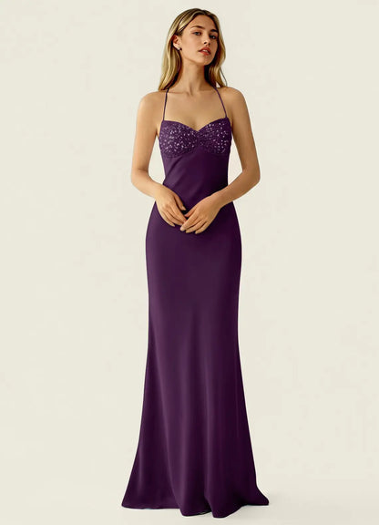 Plum Satin Sheath Column Sweetheart Criss Cross Back Floor-Length Dress Front View - Aabei Dress