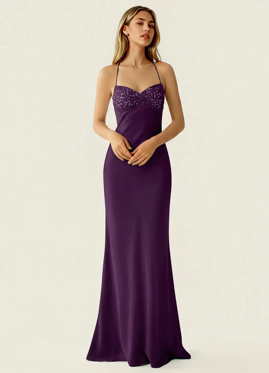 Plum Satin Sheath Column Sweetheart Criss Cross Back Floor-Length Dress Front View - Aabei Dress
