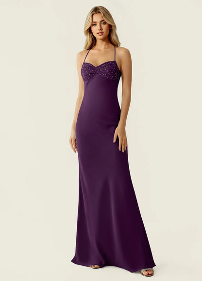 Plum Satin Sheath Column Sweetheart Criss Cross Back Floor-Length Dress - Aabei Dress