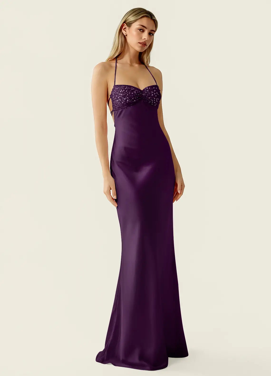Plum Satin Sheath Column Sweetheart Criss Cross Back Floor-Length Dress - Aabei Dress
