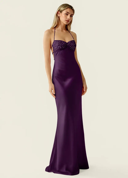 Plum Satin Sheath Column Sweetheart Criss Cross Back Floor-Length Dress - Aabei Dress