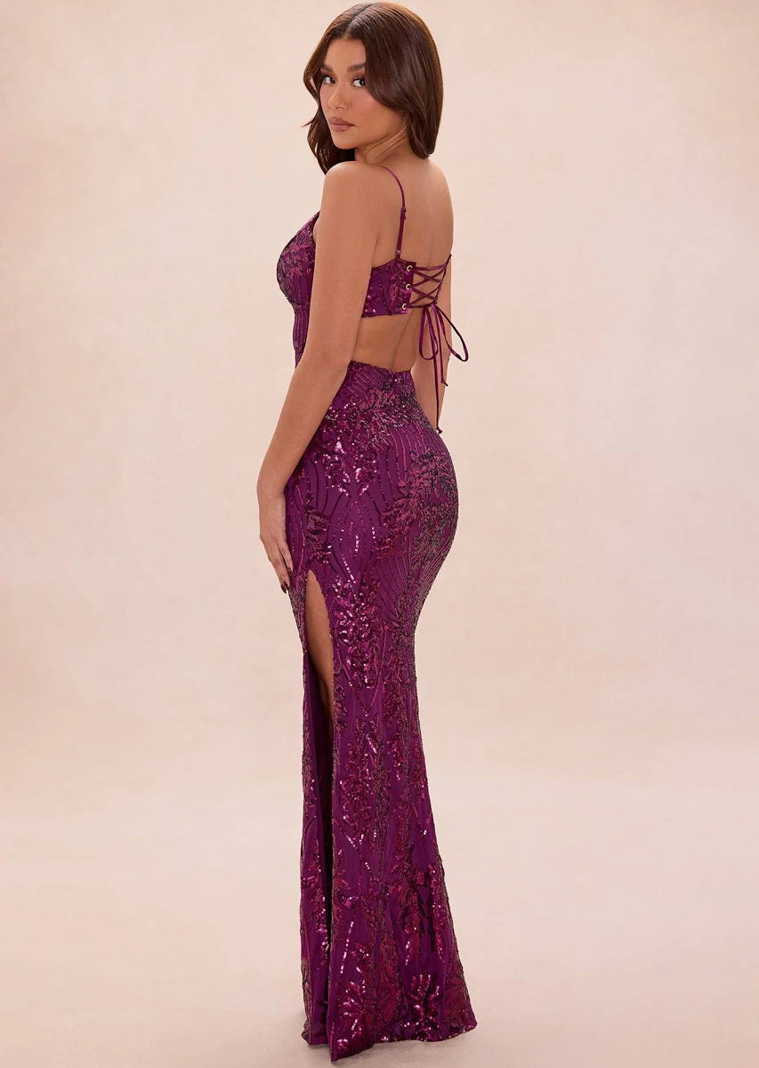 Plum Sequin Mesh Sheath Column V-Neck Lace-Up Back Floor-Length Dress Back View - Aabei Dress