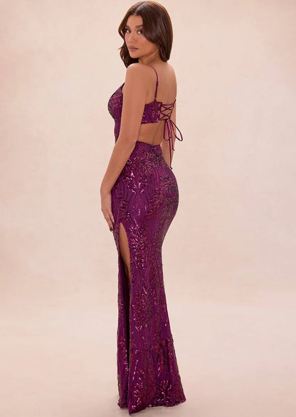 Plum Sequin Mesh Sheath Column V-Neck Lace-Up Back Floor-Length Dress Back View - Aabei Dress