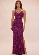 Plum Sequin Mesh Sheath Column V-Neck Lace-Up Back Floor-Length Dress Front View - Aabei Dress