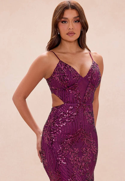 Plum Sequin Mesh Sheath Column V-Neck Lace-Up Back Floor-Length Dress - Aabei Dress