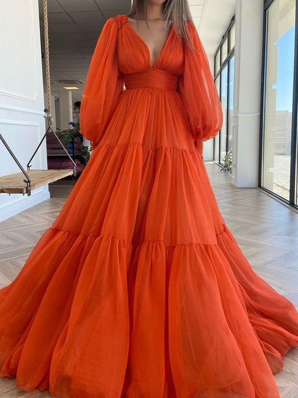 A-Line/Princess Sweep/Brush Train V-neck Long Sleeves 30D Chiffon Ruffles Dresses
