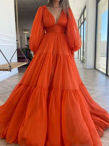 A-Line/Princess Sweep/Brush Train V-neck Long Sleeves 30D Chiffon Ruffles Dresses